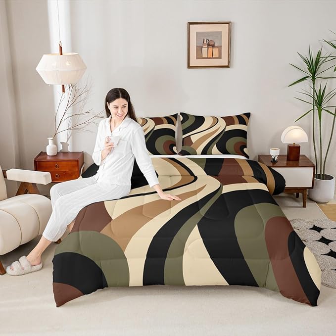 Green Brown Spiral King Bedding Set for Adult Women Men Modern Swirls Stripes Abstract Comforter Sets for Minimalists Boho Aesthetic Geometric Bed Sets Graffiti Art Lines Quilt Duvet Insert