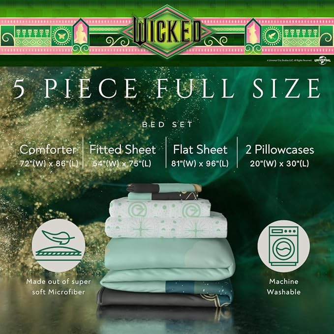 Collectibles Wicked Elphaba and Glinda Bedding 5 Piece Super Soft Reversible Comforter and Sheet Set, Full, (Officially Licensed Product) by Franco