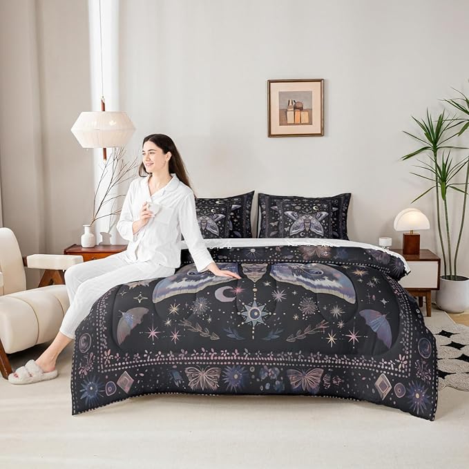 Erosebridal Black Boho Moth Comforter Set Full with Sheets,Sun Moon and Stars Bedding Set 7 Piece Gothic Bedroom Decor,Trippy Butterfly Bed in a Bag with Fitted Sheet,Flat Sheet,Pillowcases & Shams