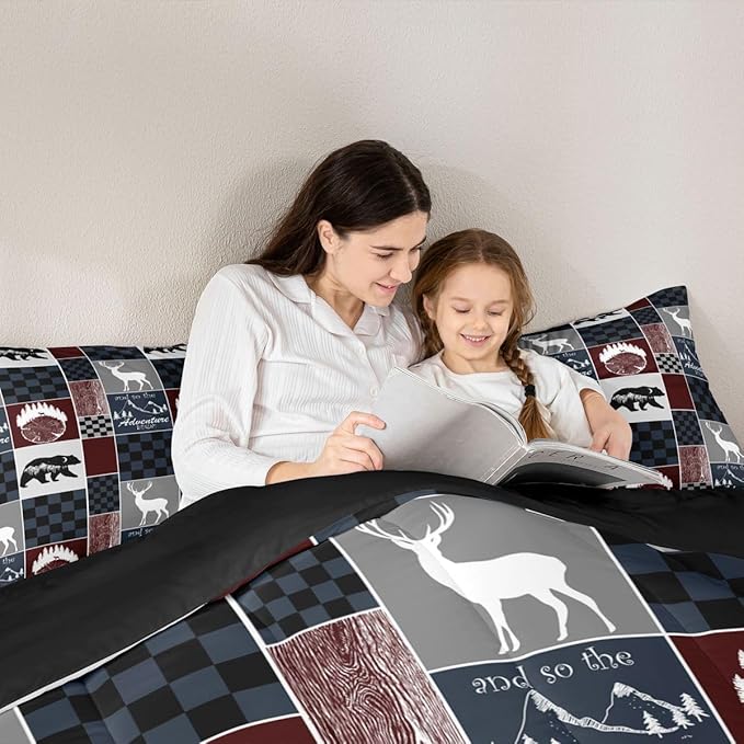 Rustic Bear Bedding Comforter Sets, Farm Country Vintage Comforter Set Hunting Cabin Wooden Lodge Bedding Forest Wildlife Plaid Patchwork Quilt With 2 Pillow Cases, Red Gray Black, King Size
