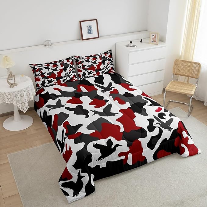 Erosebridal Duck Hunter Comforter Set Toddler Size Camo Bedding for Kids Boys Army Camouflage Hunting Bedding Comforter Sets Vintage Red Black Room Decor Wild Animal Duck Rustic Duvet Insert