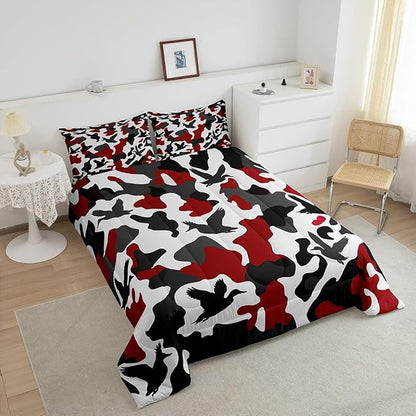 Erosebridal Duck Hunter Comforter Set King Size Camo Bedding for Kids Boys Army Camouflage Hunting Bedding Comforter Sets Vintage Red Black Room Decor Wild Animal Duck Rustic Duvet Insert