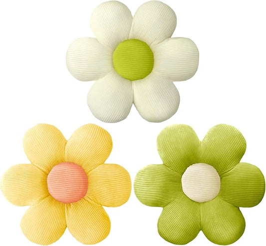 Sratte 3 Pcs Flower Pillows Flower Shaped Throw Pillows Cute Daisy Plush Pillow Decorative Floor Pillow Seat Cushion for Bedroom Home Sofa Chair Couch Decor(Green, Yellow, White,16")