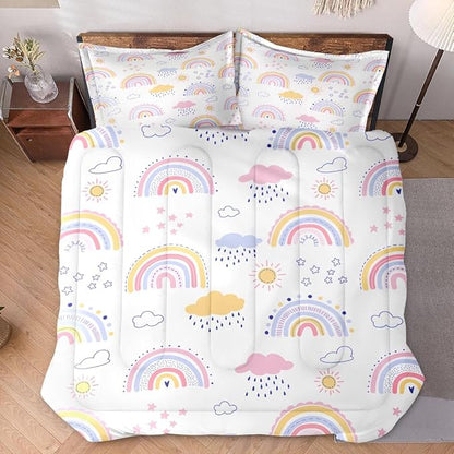 Queen Size Comforter Set with 2 Pillowcases, Pink Rainbow Kids Nursery Soft 3 Pcs Bedding for Kids and Adults Bedroom Bed Decor