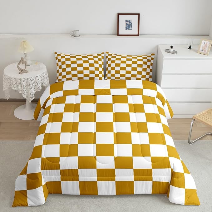 Feelyou Checkered Bedding Set Teen Women Men Yellow White Plaid Decoration Comforter Set Queen Size Kids Boys Girls Cute Retro Neutral Grid Geometric Duvet Insert Vintage Aesthetic Room Decor