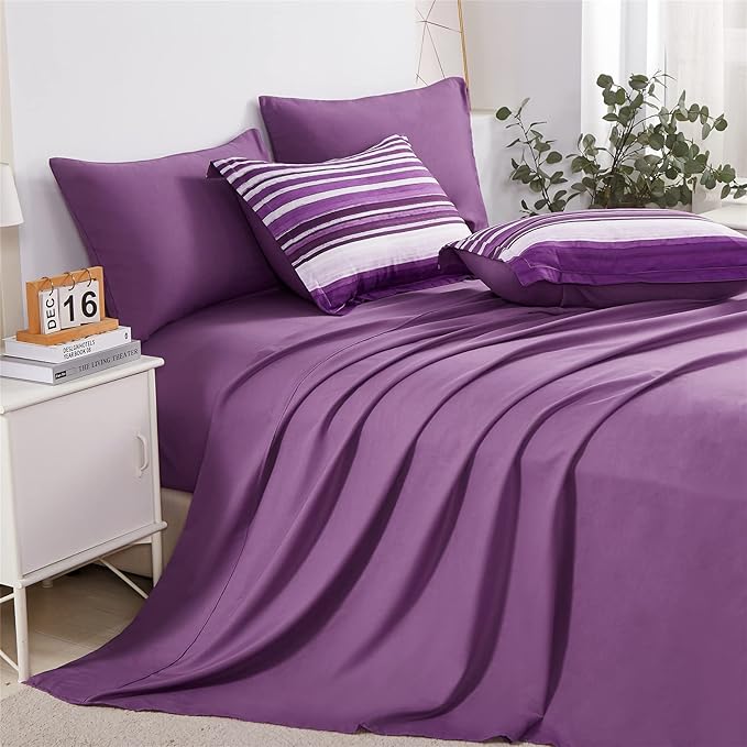 KAKIJUMN 7 Piece Bed in a Bag Stripe Comforter Set Queen Size, White and Purple Patchwork Striped Comforter and Sheet Set, All Season Soft Microfiber Complete Bedding Sets(Purple,Queen)