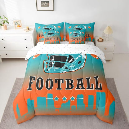 Erosebridal Football City 7 Piece Bedding Set Sports Rugby Queen Comforter Set with Sheets for Kids Boys Girls Teen,American Soccer Sports Theme Bed in A Bag Unique City Silhouette Bed Set