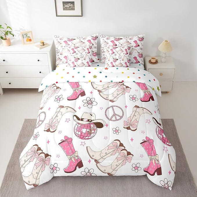 Feelyou Western Cowboy Comforter Set with Sheets King Size Kids Pink West Cowgirl 7 Pieces Bedding Set for Boys Girls Teens Rodeo Horseshoe Bed in a Bag Grunge Design Bed Set Floral Lamp Ball