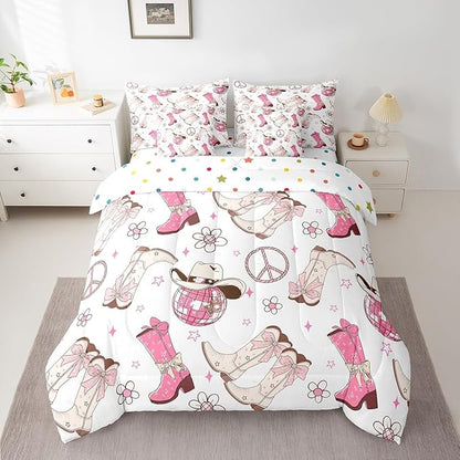 Feelyou Western Cowboy Comforter Set with Sheets King Size Kids Pink West Cowgirl 7 Pieces Bedding Set for Boys Girls Teens Rodeo Horseshoe Bed in a Bag Grunge Design Bed Set Floral Lamp Ball