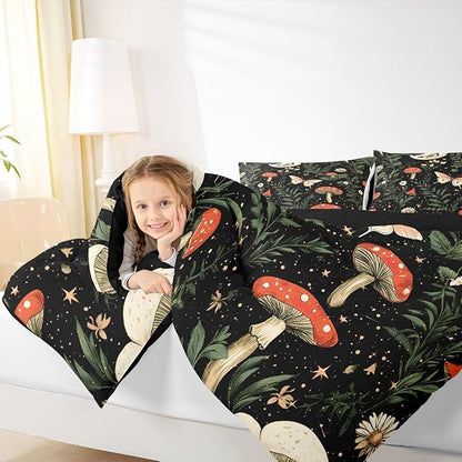 Erosebridal Red Mushroom Bedding Set Full for Kids, Gothic Moth Comforter Set Butterfly Vintage Plants Boho Floral Comforter for Boys Girls Teens Women Men, Moon and Starry Star Black Quilt