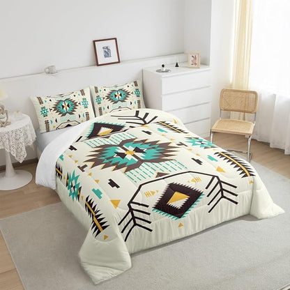 Southwest Comforter Set Full Size Rustic Tribal Aztec Style Quilt Set Abstract Art Vintage Bedding Set 3pcs for Women Adults Teens Kids Home Decor Green Brown Arrow Duvet Insert,2 Pillowcases