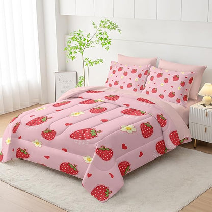 Cute Strawberry Queen Comforter Set,Light Cute Pink Strawberry Bedding Set 7 Piece in A Bag,Bed Sheet Set Cute Strawberries and Flowers Decor,Microfiber Lightweight All Season
