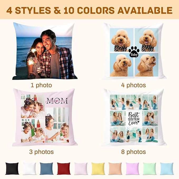 Custom Pillow with Insert, Personalized Throw Pillows with Picture Text - Double-Sided Printing | 5 Sizes & 10 Colors, Customized Pillow Photo Gifts for Girlfriend Boyfriend, Couple Gifts