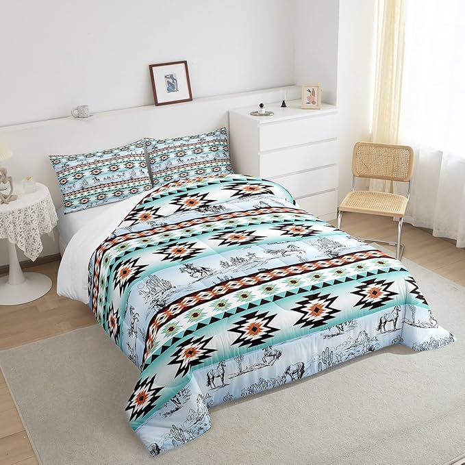 Feelyou Horse Comforter Set for Kids Boys Girls Southwestern Comforter Wild Western Cowboy Buffalo Check Bedding Set Twin Size Bedroom Decor Vinatge Blue Green Duvet Set 2Pcs