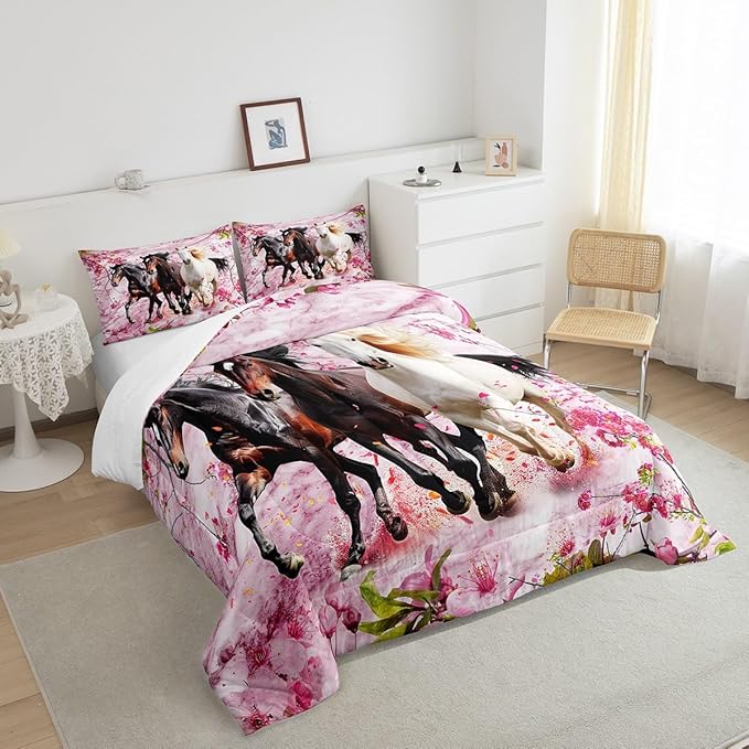 Feelyou Kids Horse Comforter Set Galloping Horse Bedding Set Toddler Size for Boys Girls Teens Bedroom Decor Cherry Blossoms Comforter Pink and White Duvet Set with 1 Pillow Case