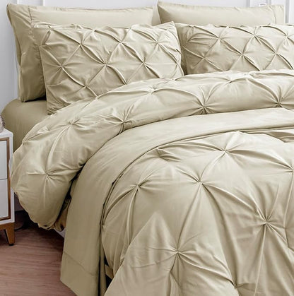 LANE LINEN Comforter Queen Size - Set of 7 Piece - Pintuck Stitch Design Bedding with 1 Comforter, 1 Flat Sheet, 1 Fitted Sheet, 2 Pillowcases & 2 Shams - Soft, Warm & Cozy Bedding Collection – Linen | Cozy not heavy, Cozy sleep surface, Very soft feel...