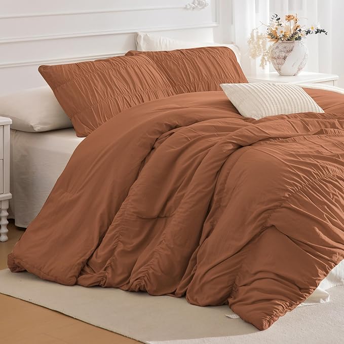 Lady Ann Oversized King 120x120 Comforter Set - Pumpkin Ruched Bedding, 3-Piece Fluffy Bedding Comforter Set for Women, Ultra Soft and Luxurious All-Season Boho Bedding Set for Bedroom.