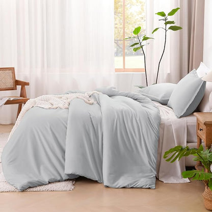 Litanika Light Grey Comforter Queen Size, 3 Pieces Lightweight Solid Bedding Comforter Set, All Season Fluffy Bed Set (90x90In Comforter & 2 Pillowcases)