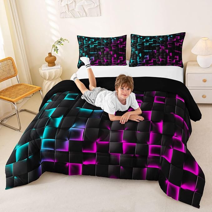 Erosebridal Geometric Checkered Comforter Set Twin Neon Teal Purple Bedding Set for Kids Boys Teen Men Gamer Room Decor,Abstract Ombre Plaid Comforter Grids Quilt Duvet Black
