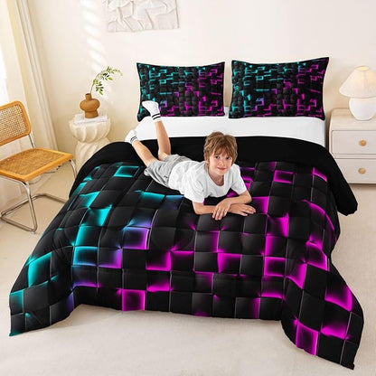 Erosebridal Geometric Checkered Comforter Set Twin Neon Teal Purple Bedding Set for Kids Boys Teen Men Gamer Room Decor,Abstract Ombre Plaid Comforter Grids Quilt Duvet Black