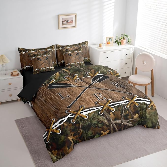 Camo 7 Piece Comforter Set Full Bed in a Bag | Lake Paddle Bedding Sets Mens Country Comforter and Sheet Set, Woodland Animals Farmhouse Bed Sets,Camouflage Cabin Hunting Decor Camo Bed Set