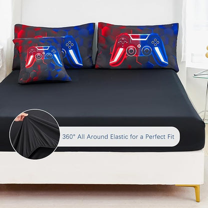 URBONUR 3D Gamer Gamepad Comforter Sets for Boys Girls Kids 6Pcs Gaming Bedding Set Lightweight Microfiber Down Comforters Children Quilted Blanket (Red Blue, Queen)