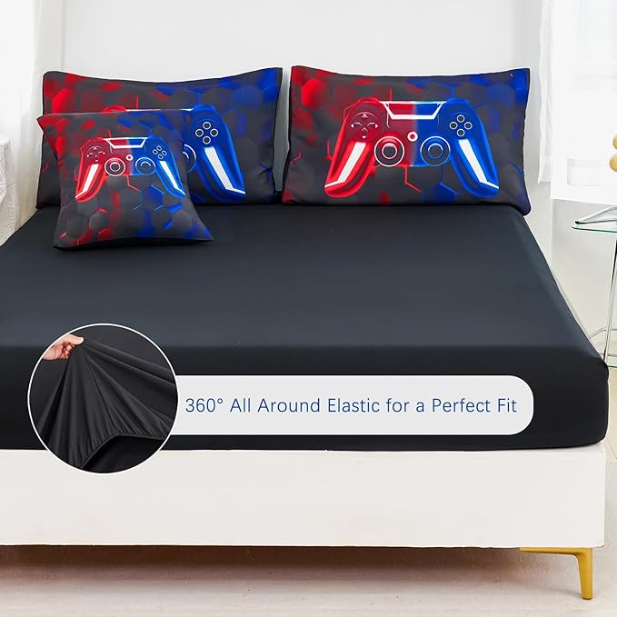 URBONUR 6 Pcs Full Bed in a Bag for Boys Comforter Sets Black Red and Blue Gamer Teen Boy Bedding Set Includes 1 Comforter, 1 Flat Sheet, 1 Fitted Sheet, 2 Pillowcases, 2 Cushion Cover