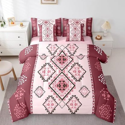 Erosebridal 7 Pcs Southwestern Aztec Bed in A Bag Twin Western Bohemian Comforter Set Exotic Tribal Mexican Geometric Bedding Sets Ethnic Native American Sheet Set with Comforter Farmhouse Pink Decor