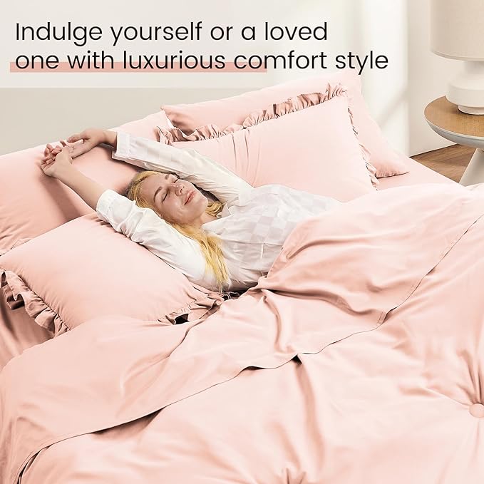 QUIETSEA King Size Bed in a Bag 7 Pieces King Size Comforter Set, Ruffle Shabby Chic Bedding Comforter Set Pink Bed Set with Comforter, Pillowcases, Flat Sheet, Fitted Sheet and Pillow Shams