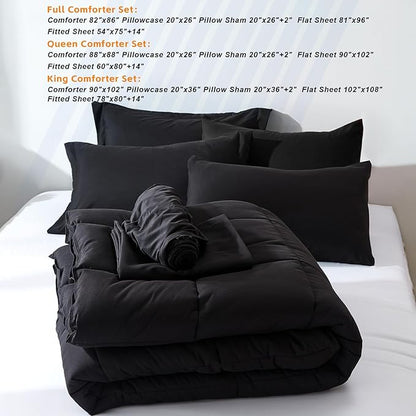 COZYART Full Comforter Set 7 Pcs, Black Bed in a Bag, All Season Lightweight Soft Reversible Bedding Sets, 1 Comforter, 1 Flat Sheet, 1 Fitted Sheet, 2 Pillow Shams, 2 Pillowcases