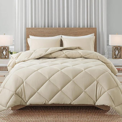 Decroom Lightweight Queen Comforter Set with 2 Pillow Sham - 3 Pieces Set - Quilted Down Alternative Comforter/Duvet Insert for All Season - Beige - Queen Size
