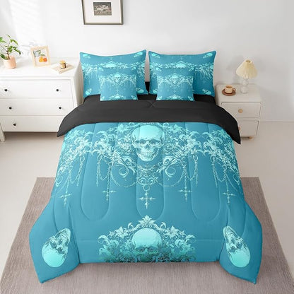 Erosebridal Gothic Bed in a Bag King Size Comforter Set 7 Pieces,Goth Sugar Skull Bedding Set,Cyan Teal Damask Bohemian Vintage Floral Comforter and Sheet Set,Exotic Antique Victorian Baroque Decor