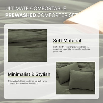 WRENSONGE Double Twin XL Comforter Set - 4 Pieces Prewashed Olive Green Bedding Set for All Seasons Soft Lightweight 2 Comforters (55" x 90") with 2 Pillow Shams