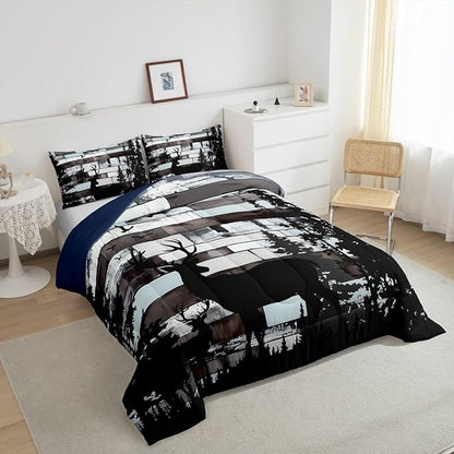 Feelyou Cute Deer Bedding Set Wild Animal Hunt Comforter Set for Kids Boys Girls Pine Trees Retro Comforter Hunting Theme Quilt Set Bedroom Collection 3Pcs King Size