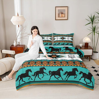 Feelyou Boho Comforter Set Toddler Size Southwestern Native Aztec Comforter Bohemian Dream Catchers Bedding Set Horses Duvet Set Room Decor Azure Quilt Set
