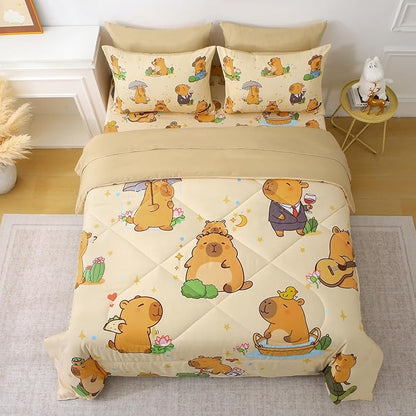 7 Piece Capybara Comforter Set Twin Size Cute Cartoon Capybara Bedding Set Super Soft All Season Bedroom Decor for Kids Girls Boys Teens Birthday Choice