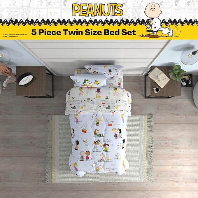 Peanuts Charlie Brown, Snoopy & Gang Bedding, 5 Piece Super Soft Cozy Reversible Comforter and Sheet Set with Sham, Twin, (100% Official Licensed Product) by Franco Collectibles