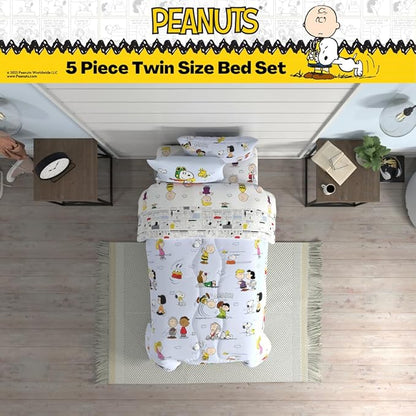 Peanuts Charlie Brown, Snoopy & Gang Bedding, 5 Piece Super Soft Cozy Reversible Comforter and Sheet Set with Sham, Twin, (100% Official Licensed Product) by Franco Collectibles