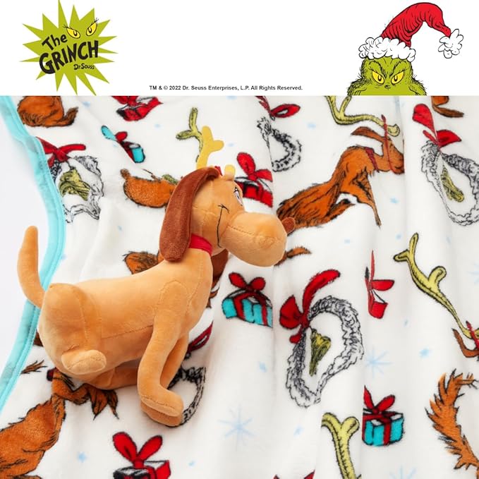 Dr. Seuss The Grinch Max Dog Holiday & Christmas Kids Bedding Super Soft Plush Pillow and Throw 2 Piece Set, 40 in x 50 in (Officially Licensed Product) by Franco