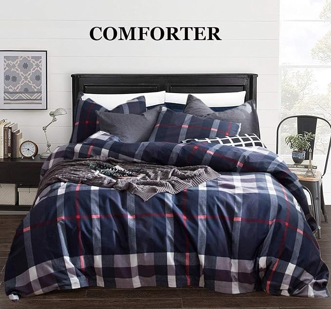 KAREVER Navy Plaid Comforter Set Cal King Multicolor Checkered Bedding Set Navy Blue Tartan Grid Comforter Women Striped Blanket Cal King Breathable