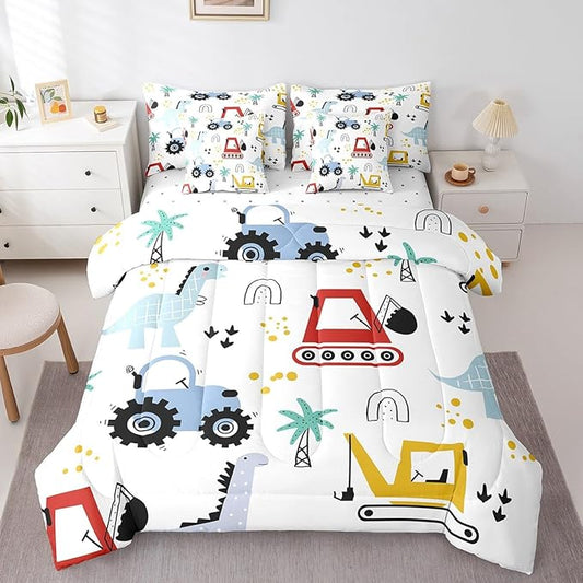 jejeloiu Kids Cartoon Dinosaur 7 Piece Bedding Set King Size Cartoon Car Comforter Set with Sheets for Boys Girls Construction Excavator Bed in a Bag Jungle Dino Bed Set