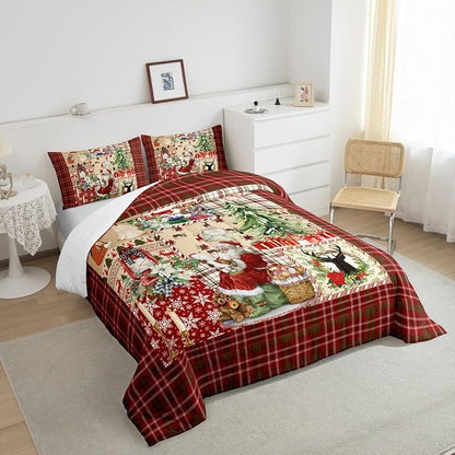 Merry Christmas Comforter Set Full Size,Xmas Tree Deer Antler Bedding Set Cartoon Santa Claus Quilt Set for Kids Girls Boys Adult Room Decor,Red Green Grid Patchwork Plaid Duvet Insert 3Pcs