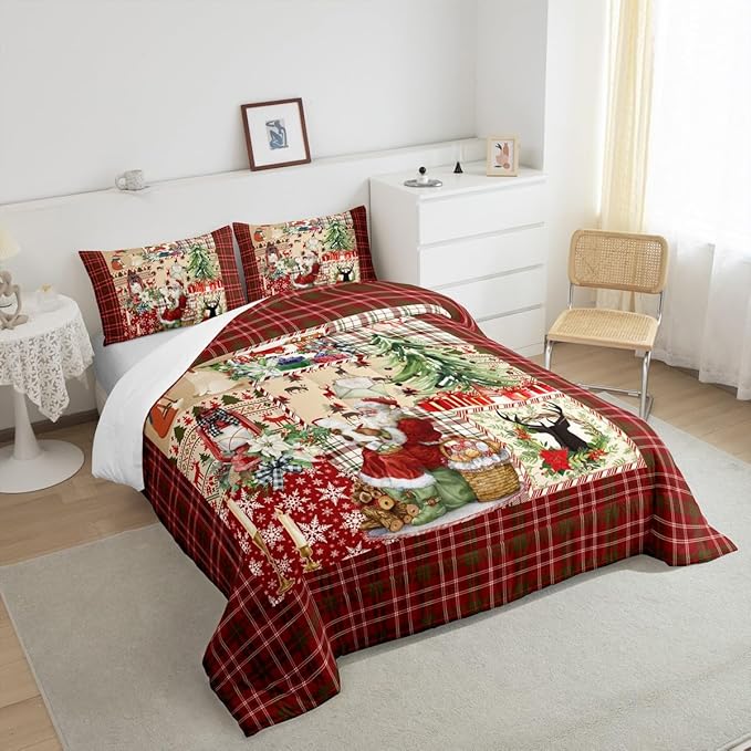 Merry Christmas Comforter Set Twin Size,Xmas Tree Deer Antler Bedding Set Cartoon Santa Claus Quilt Set for Kids Girls Boys Adult Room Decor,Red Green Grid Patchwork Plaid Duvet Insert 2Pcs