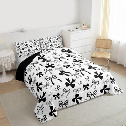 Erosebridal Black Bow Bedding Set Cute Coquette Bowknot Comforter Set King Size for Kids Girls Teen,Black Watercolor Bow Bedding Comforter Sets Modern Simple Fashion Aesthetic Bed Set
