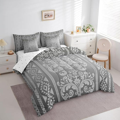 Comforter Set Queen Size, Light Grey Damask Aztec 7 Pcs Bedding for Kids and Adults, Antique Decor Western Baroque Gothic Bed Sheet Sets with Fitted Sheet 2 Pillowcases & 2 Shams for Bedroom Bed Decor