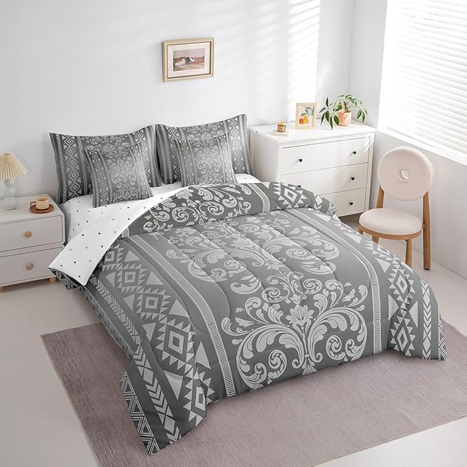 Comforter Set Full Size, Light Grey Damask Aztec 7 Pcs Bedding for Kids and Adults, Baroque Western Boho Gothic Floral Bed Sheet Sets with Fitted Sheet 2 Pillowcases & 2 Shams for Bedroom Bed Decor