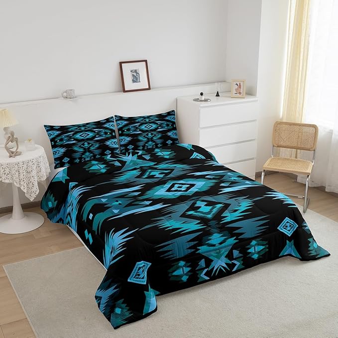 Feelyou Blue Black Southwestern Comforter Set,Tribal Native American Indian Bedding Set Toddler Size,Boys Girls Bedroom Room Decor,Exotic Style Comforter,Farmhouse Western Bed Set