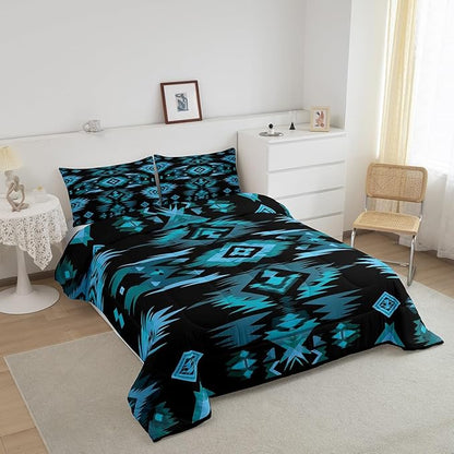 Feelyou Blue Black Southwestern Comforter Set,Tribal Native American Indian Bedding Set Toddler Size,Boys Girls Bedroom Room Decor,Exotic Style Comforter,Farmhouse Western Bed Set