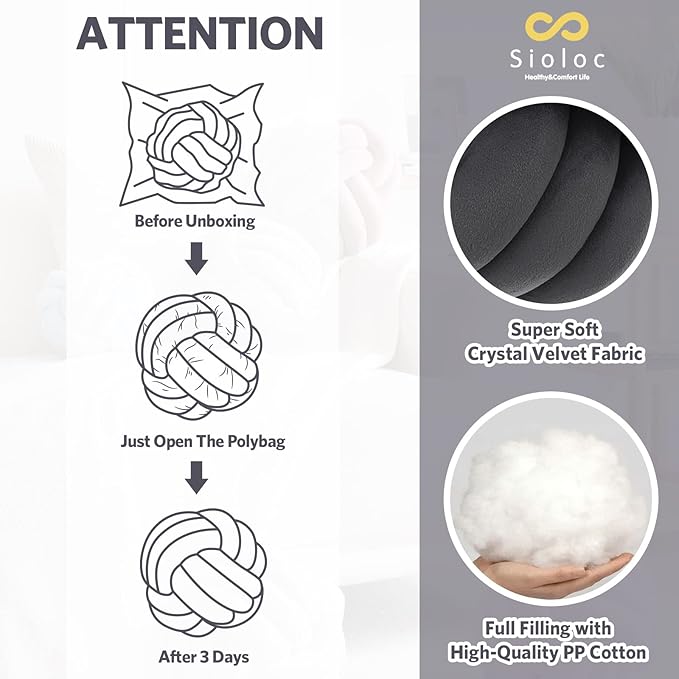 Sioloc Soft Knot Ball Pillows,Round Throw Pillow Cushion Home Decoration Plush Pillow,Throw Knotted Pillow Handmade Round Plush Pillow（7.8inches,Dark Grey）