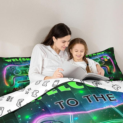 jejeloiu Cool Gamer Bedding Set Toddle Size for Boys 3D Gaming Comforter Set Kids Teens Bright Green Duvet Set Modern Game Console Quilt Set 2Pcs